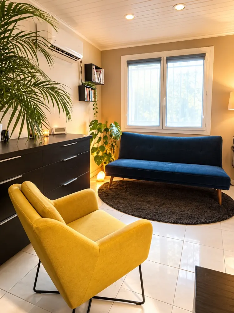 Coin détente du cabinet avec fauteuil jaune, canapé et lumière naturelle