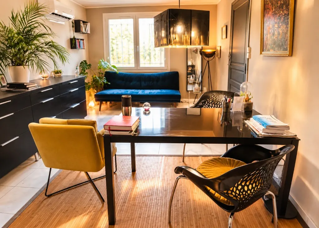 Vue d'ensemble du cabinet Cap-Bienveillance à Avignon : bureau, fauteuil jaune et canapé bleu
